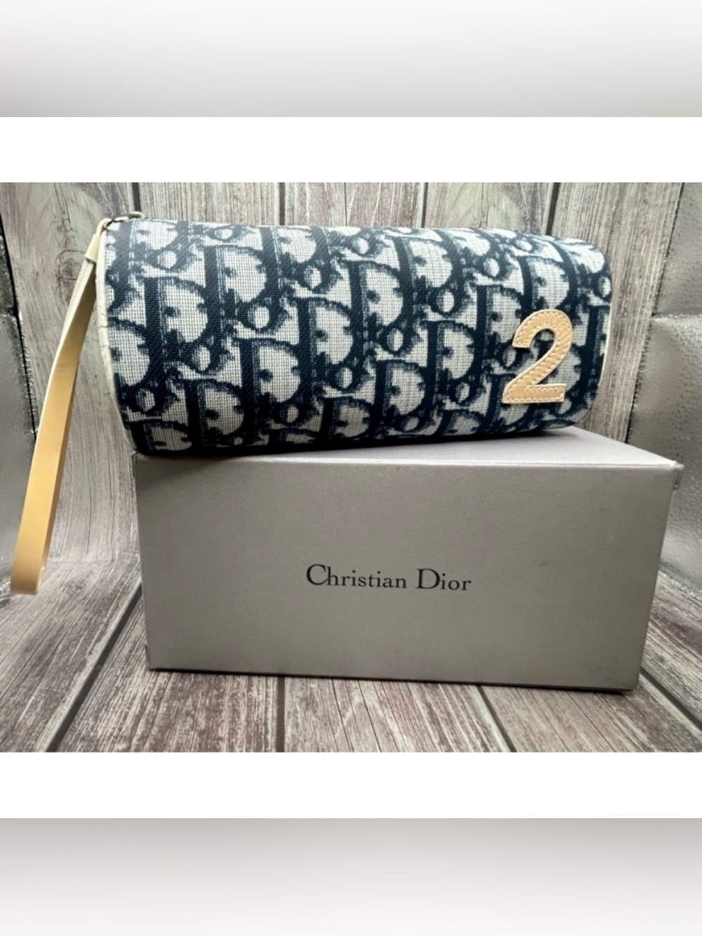 DIOR VTG Y2K Trotter Wristlet Mini Barrel Bag #2 Vintage Navy Blue & Cream + Box